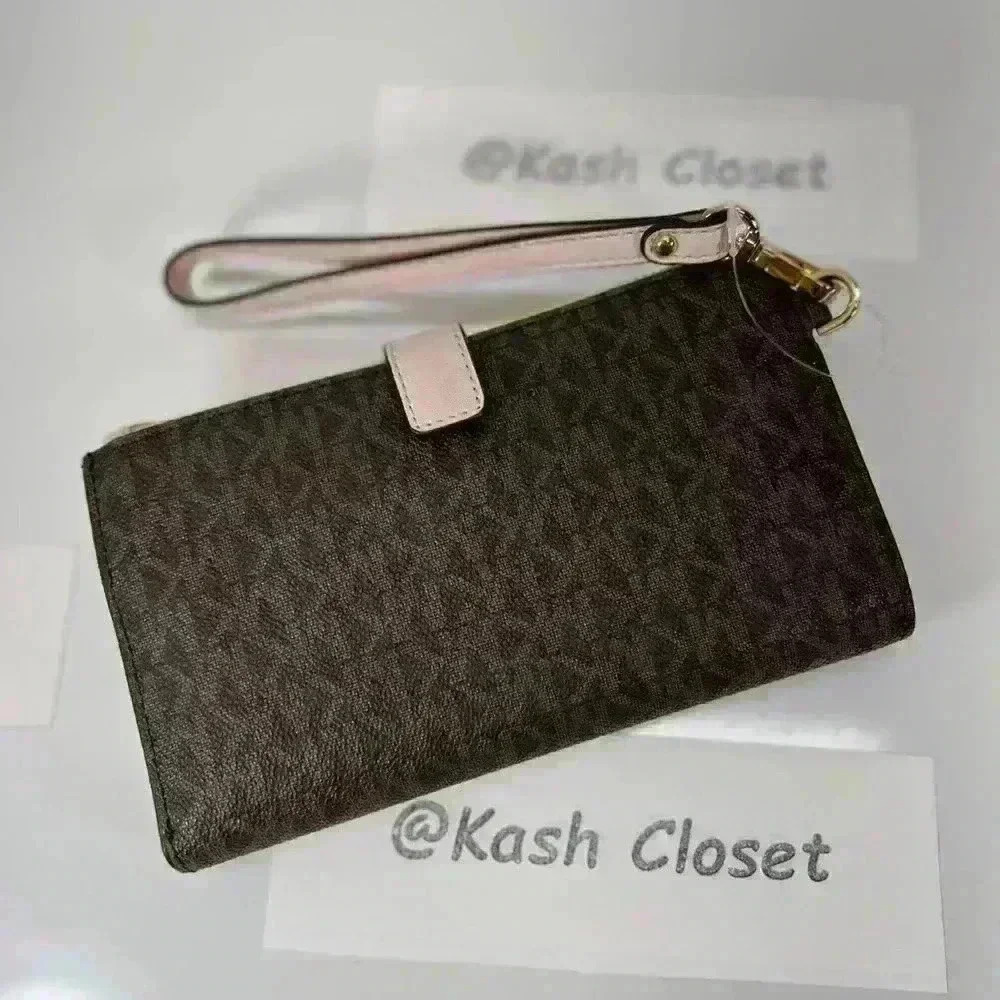 Michael Kors Double Zip Wristlet Large Wallet MK Signature PowderBlush Brown - Picture 3 of 8